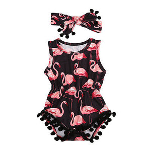 Black & Pink Flamingo Romper with Head Wrap