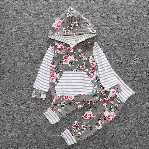 Gray Floral with Gray/White Stripe Hoodie Set