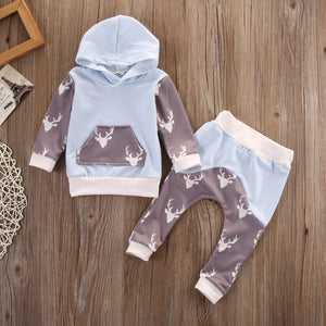 Light Blue and Gray Deer Hoodie Set