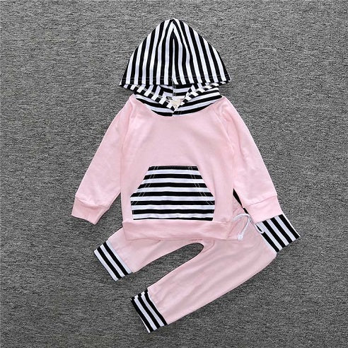 Pink w Black/White Stripe Hoodie Set