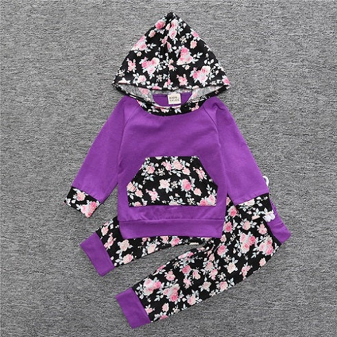 Purple with Black-Pink Floral Hoodie Set