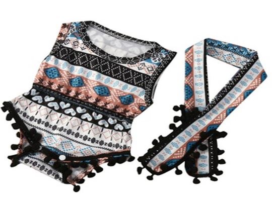 Black, Turquoise, Coral Sleeveless Aztec Romper w Headband-Head Wrap Set