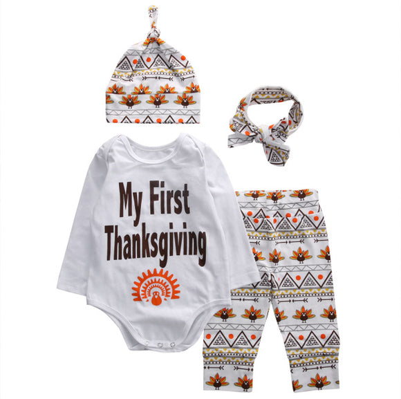 My First Thanksgiving Onesie, Hat, Head Wrap, and Pants Set