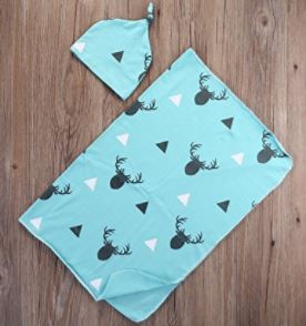 Swaddle Blanket and Hat Set-Blue with Deer