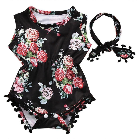 Black with Pink/Red Floral w Headband/Hair Wrap