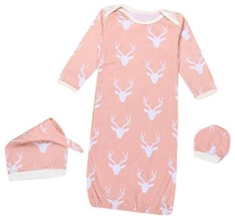 Deer Print Gown, Hat and Scratch Mittens 3 Pc Set-Pink  0-6 months
