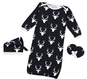Deer Print Gown, Hat and Scratch Mittens 3 Pc Set-Navy  0-6 months