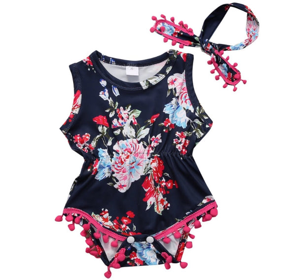 Navy Blue Floral Romper and Headband-Hair Wrap Set