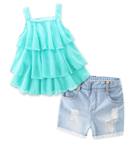 Mint Ruffled Top with Denim Shorts Outfit Set