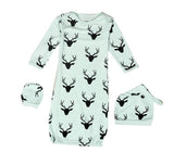 Deer Print Gown, Hat and Scratch Mittens 3 Pc Set-Navy  0-6 months