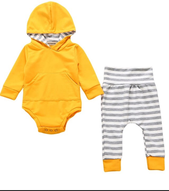 Yellow & Gray Striped Hoodie Set