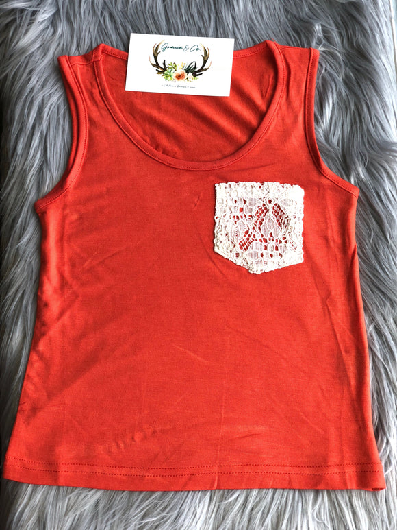 Orange Tank Top with Lace Pocket