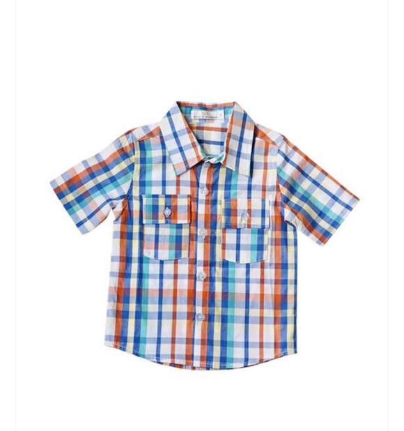 Blue/ Orange Plaid Button-Up Shirt
